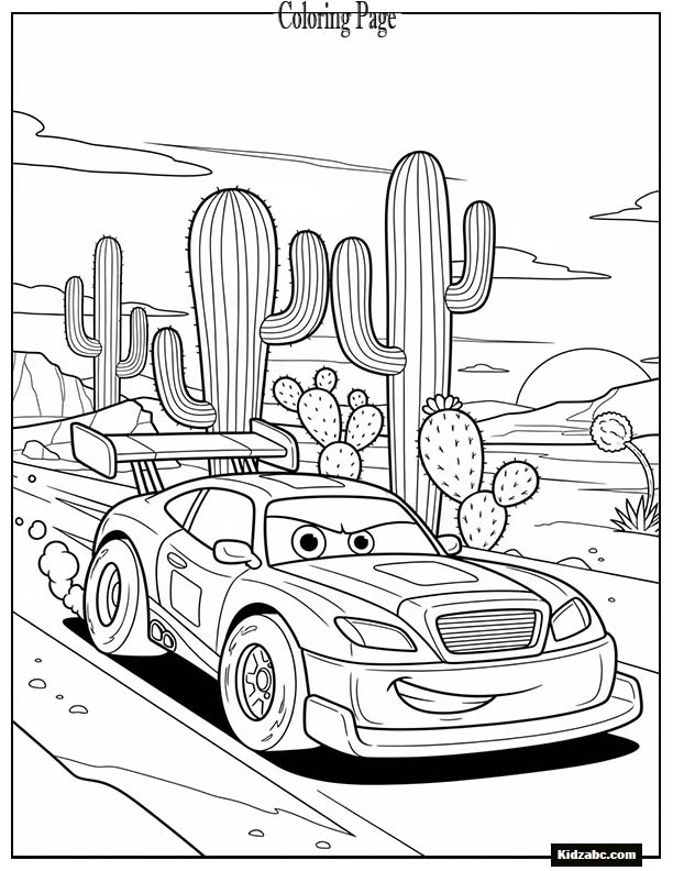 Cartoon race car in desert with cactus behind