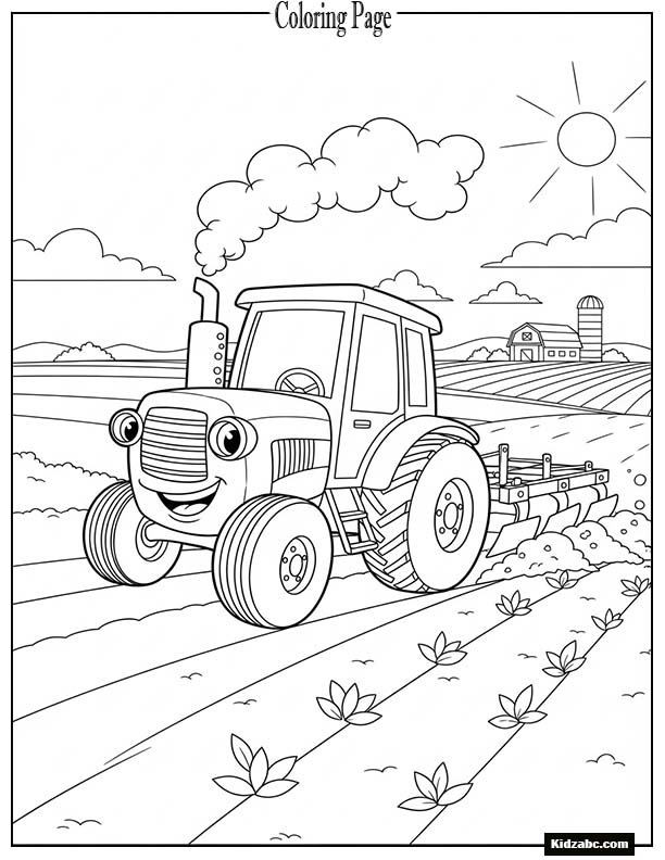 Cartoon tractor working on a simple farm field