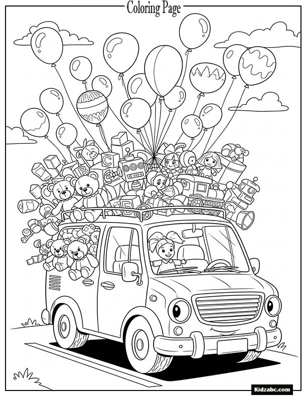 Cartoon van full of toys and balloons