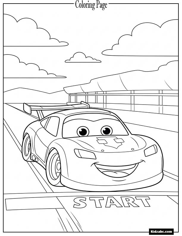 Cute cartoon race car smiling at the starting line