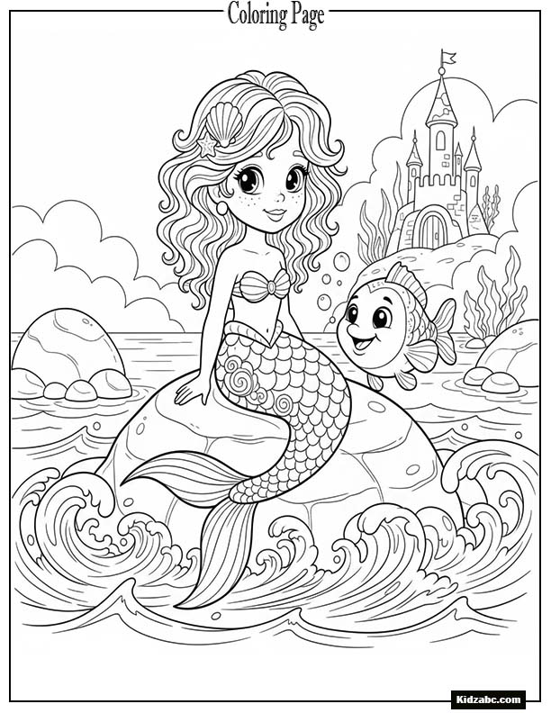 Cute mermaid sitting on a smooth rock