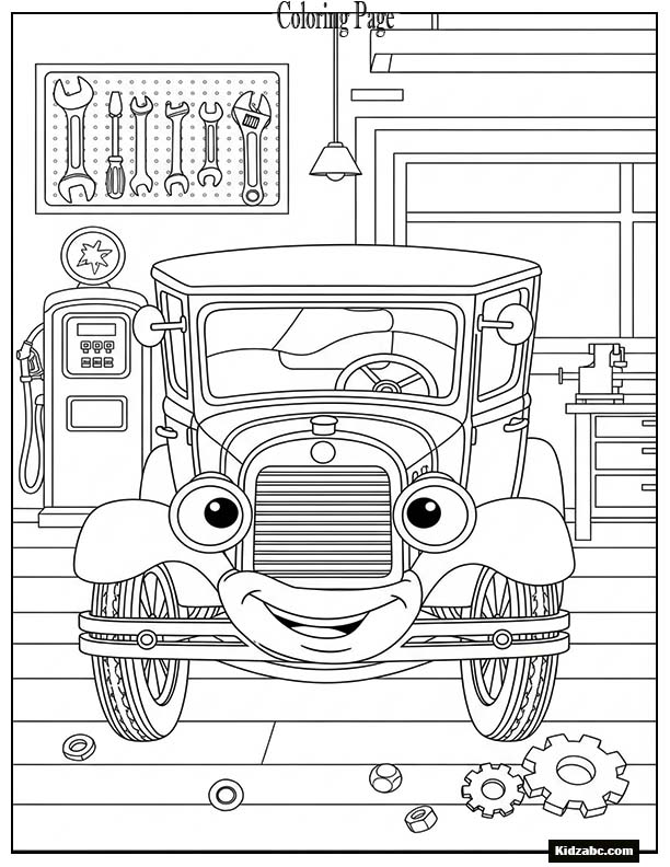 Cute old car in a repair shop smiling