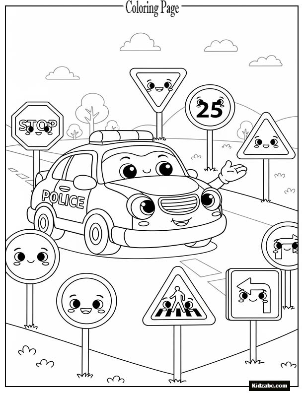 Cute police car teaching road safety signs