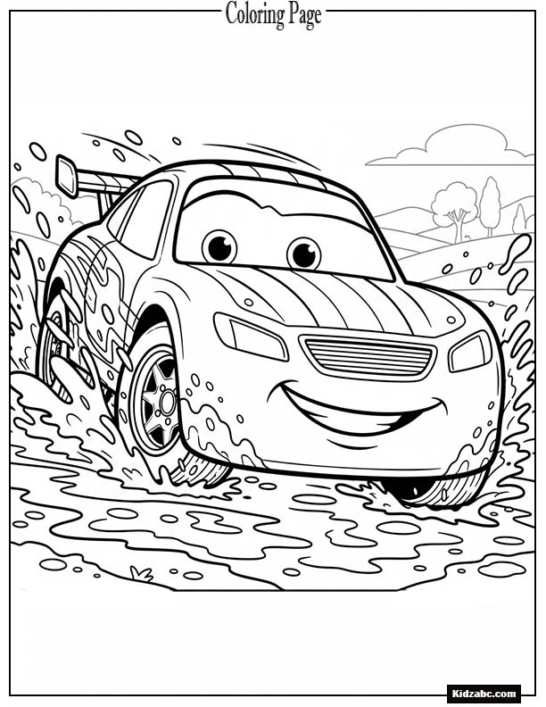 Cute race car spinning its wheels in mud