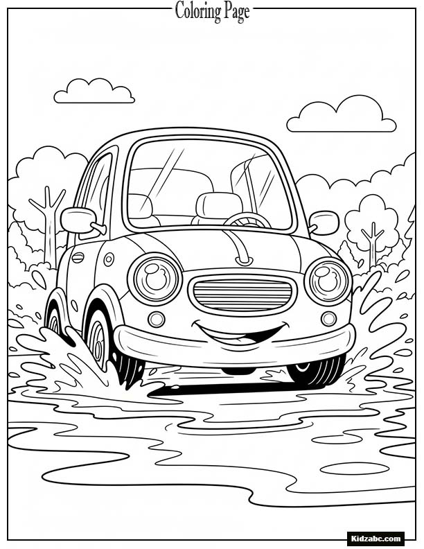 Cute small car driving through puddles
