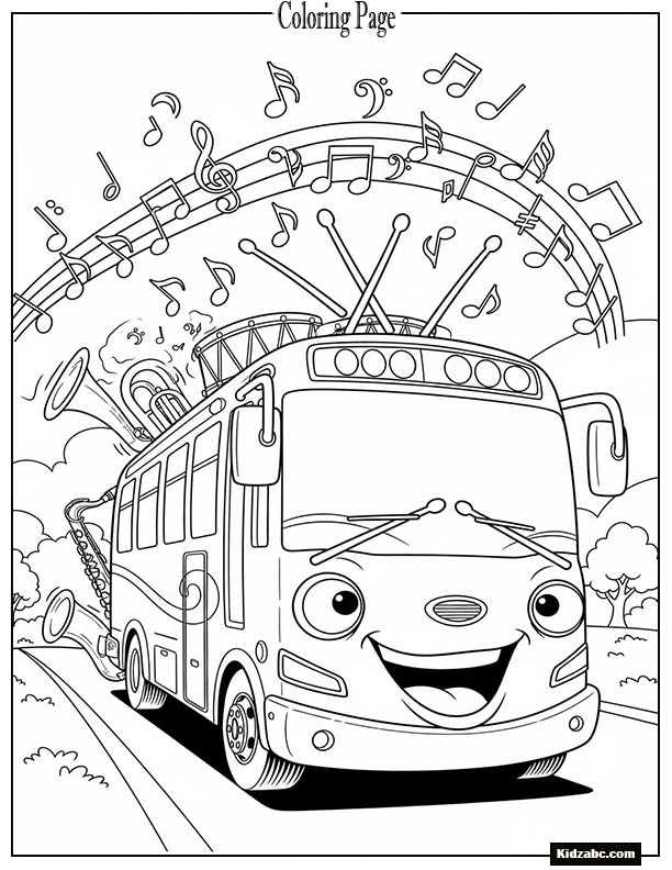 Funny bus with musical notes floating around