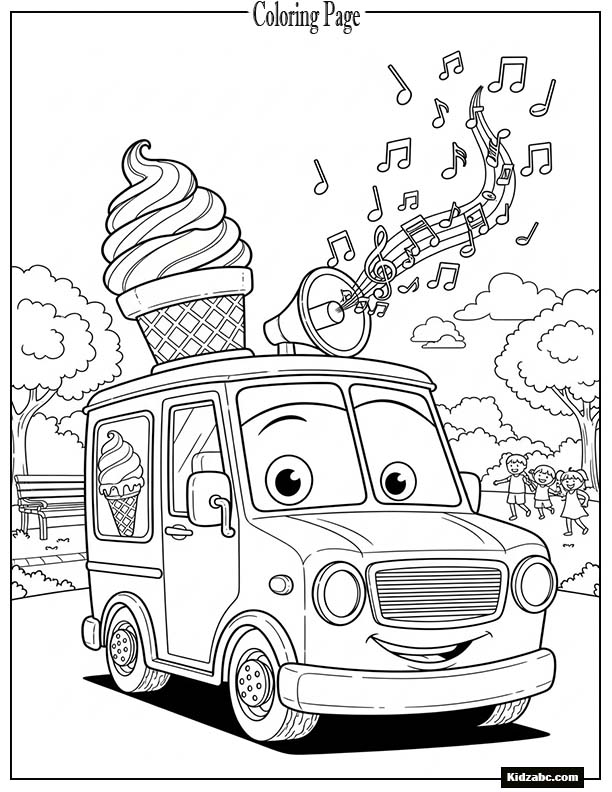 Funny ice cream truck with musical notes