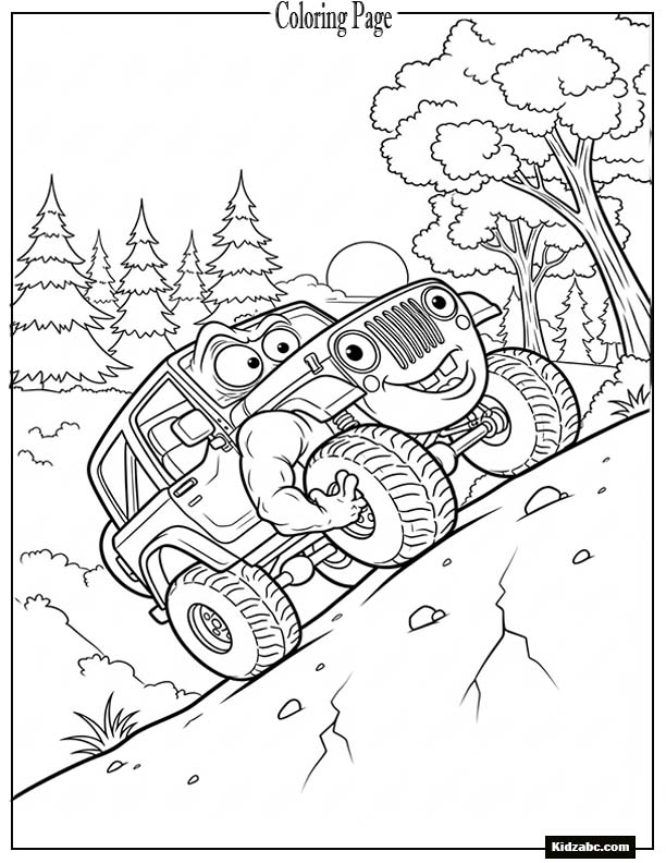 Funny jeep climbing a small hill, simple forest outline