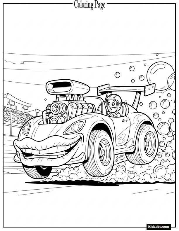 Funny racing car slipping on soap bubbles