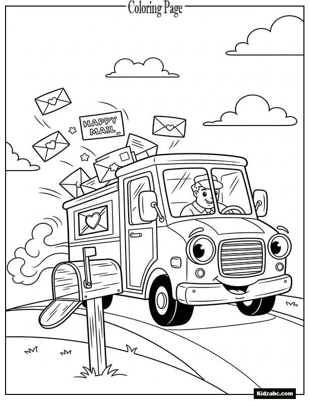 Happy mail truck delivering letters, mailbox nearby