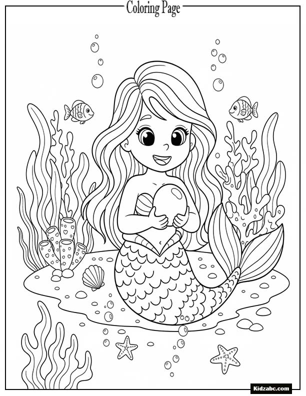 Happy mermaid sitting on a sandy seabed holding a pearl
