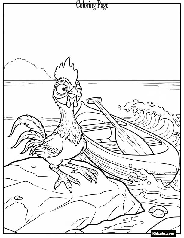 Hei Hei sitting confused on a rock beside the canoe