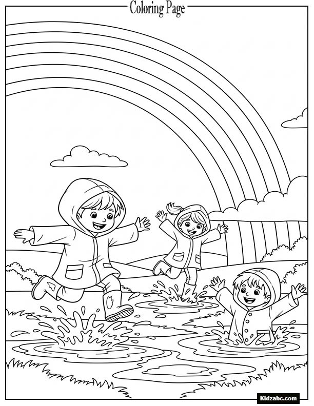 Kids jumping in puddles under a rainbow sky