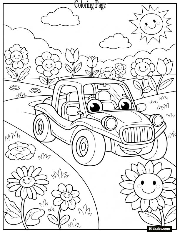 Little buggy car riding near flowers