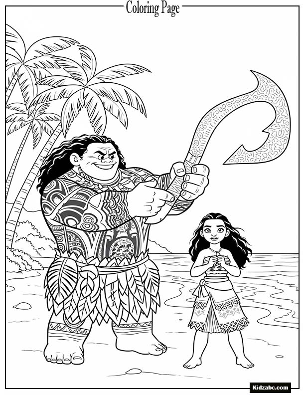 Maui showing Moana how to use the fish hook