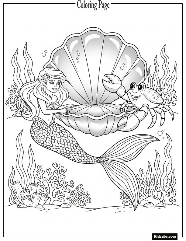 Mermaid and crab sharing a shiny shell