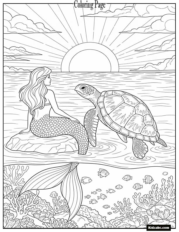 Mermaid and sea turtle watching the sunset
