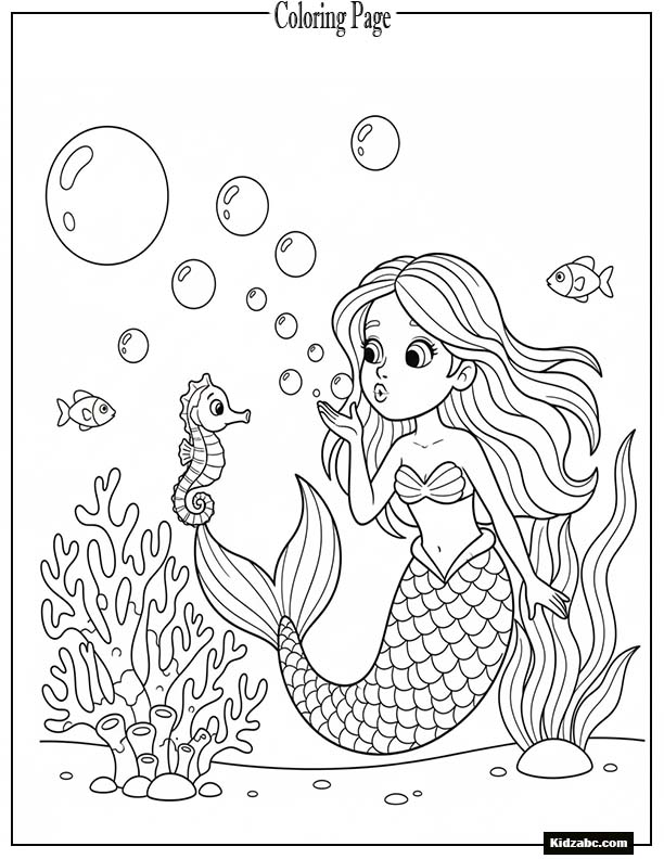 Mermaid blowing bubbles underwater with a curious seahorse