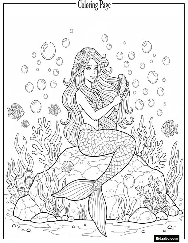 Mermaid brushing her long hair with a seashell comb