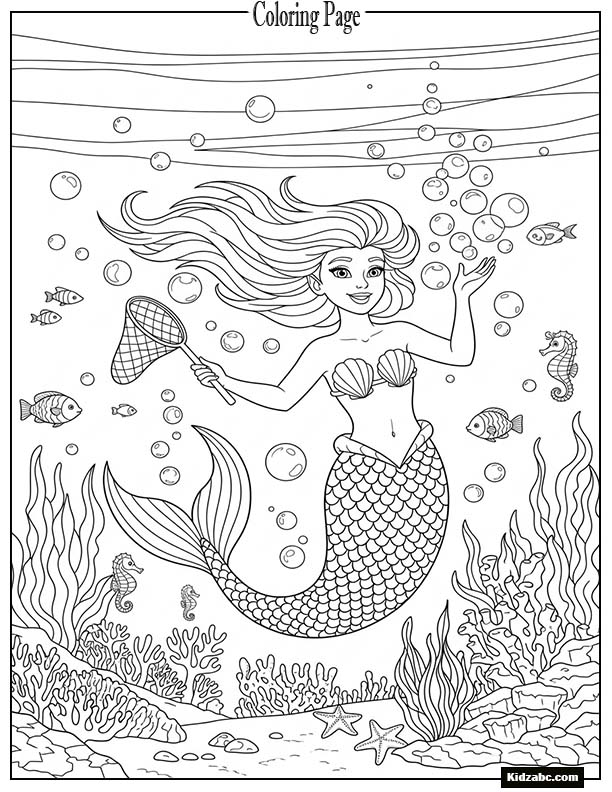 Mermaid catching bubbles with a net