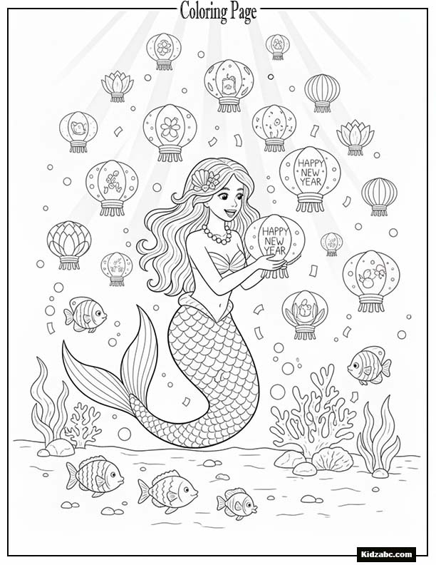 Mermaid celebrating New Year with floating sea lanterns