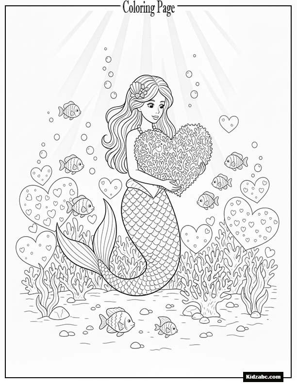 Mermaid celebrating Valentine’s Day with heart-shaped coral