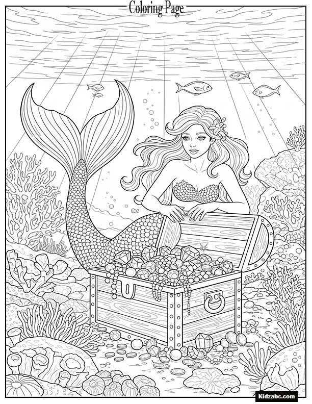 Mermaid discovering a treasure chest full of gems
