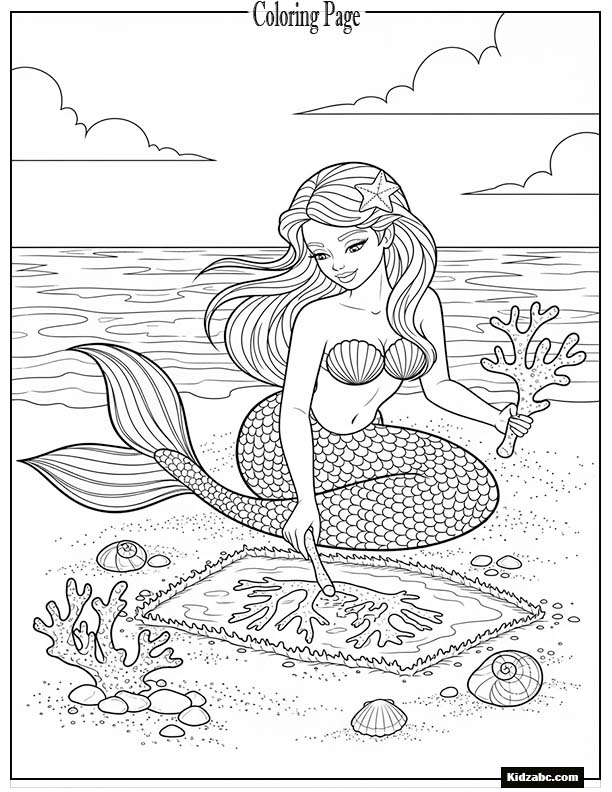 Mermaid drawing in the sand with a coral stick