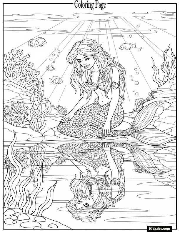 Mermaid gazing at her reflection in water