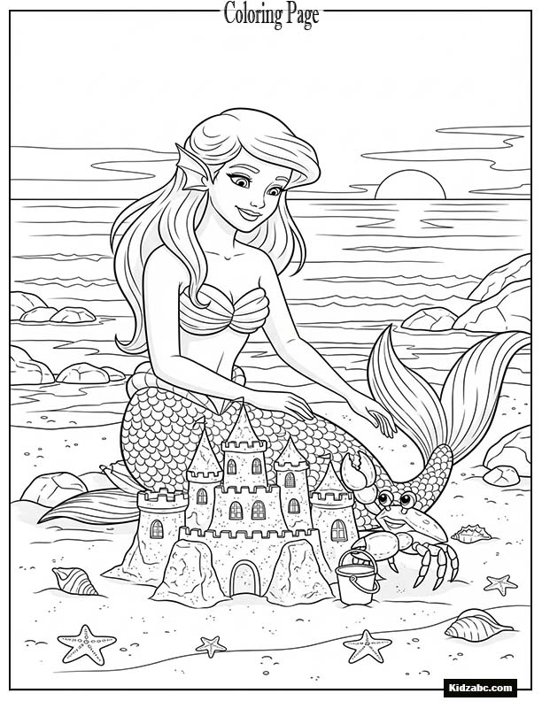 Mermaid helping a crab build a sandcastle