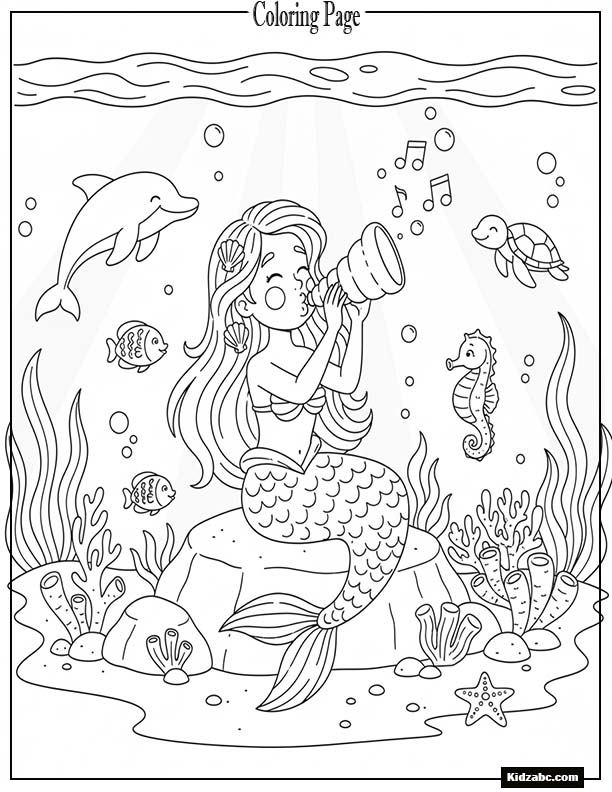 Mermaid holding a shell trumpet calling her sea friends