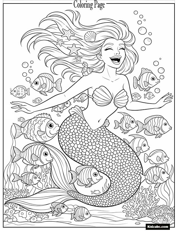 Mermaid laughing with a bunch of playful fish