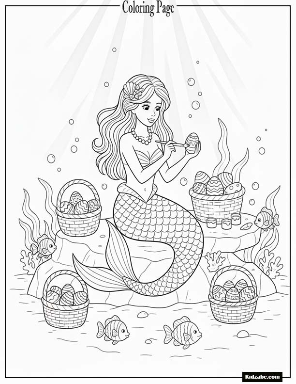 Mermaid painting Easter eggs underwater