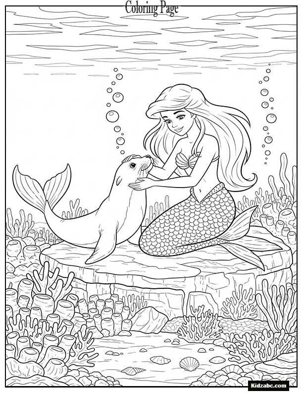 Mermaid petting a sea lion near coral rocks