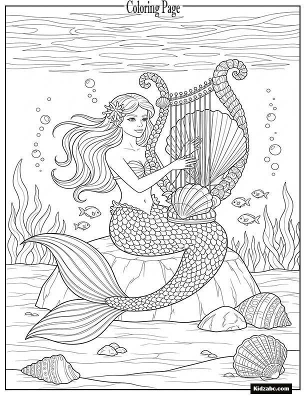Mermaid playing a harp made from seashells