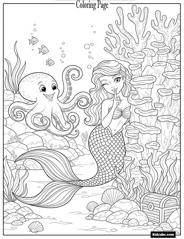 Mermaid playing hide and seek with an octopus