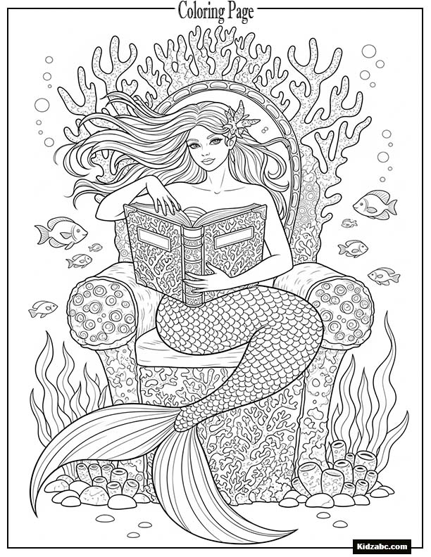 Mermaid reading a book made of coral pages