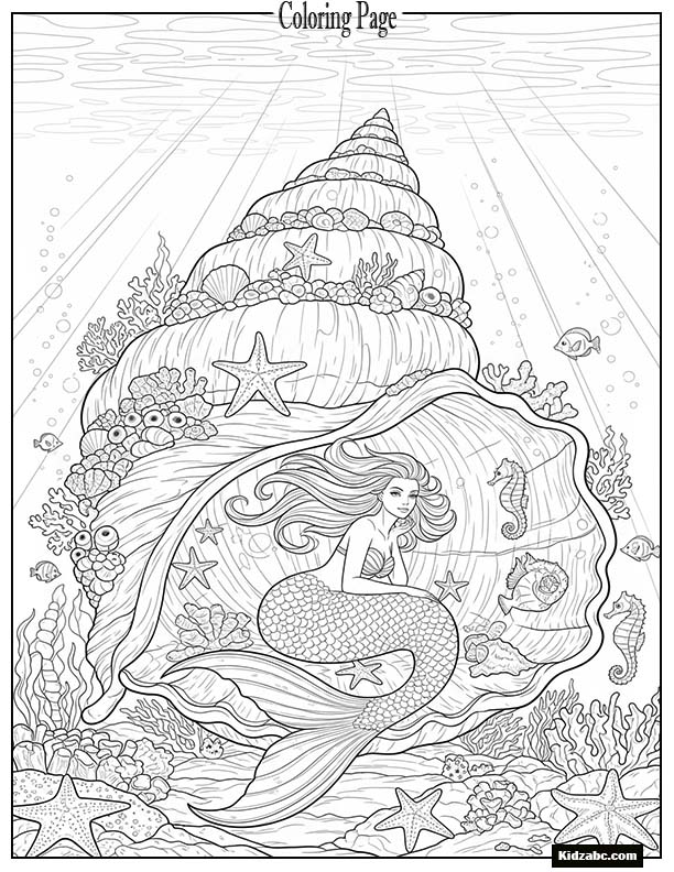 Mermaid resting inside a seashell cave