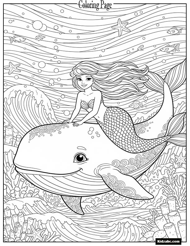 Mermaid riding a friendly whale through the ocean