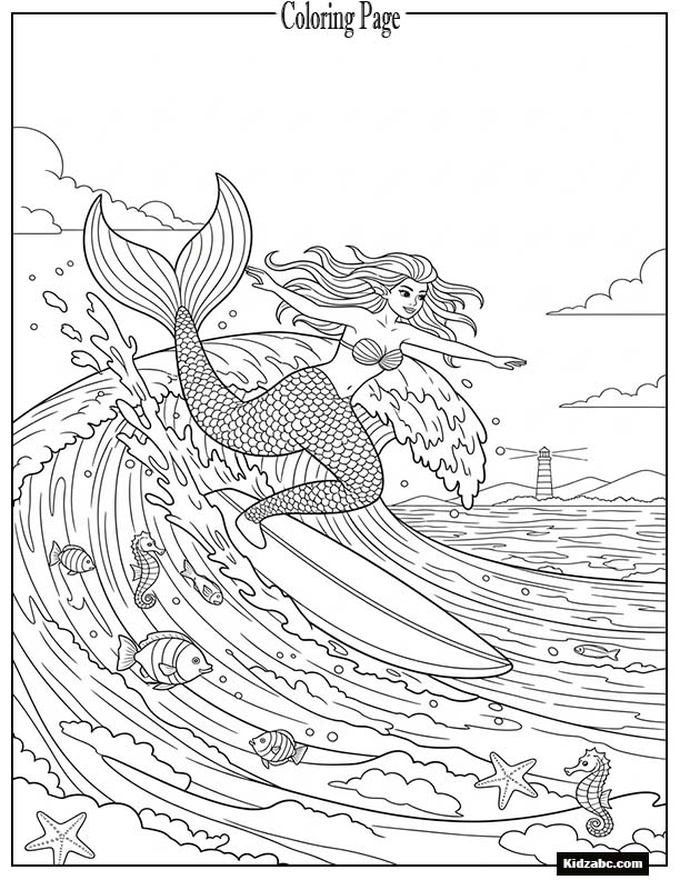 Mermaid riding a wave like a surfer