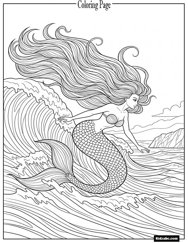Mermaid riding waves with long flowing hair