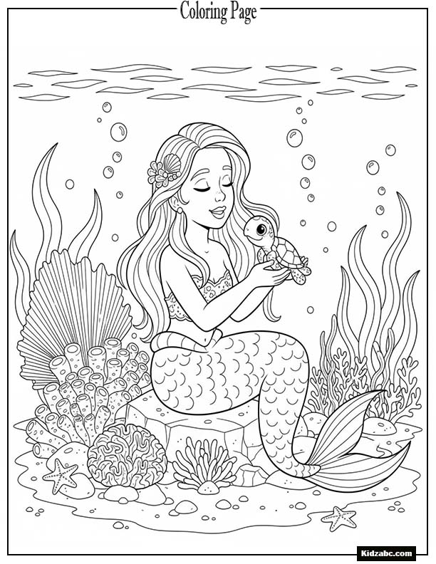 Mermaid singing softly to a tiny sea turtle near coral