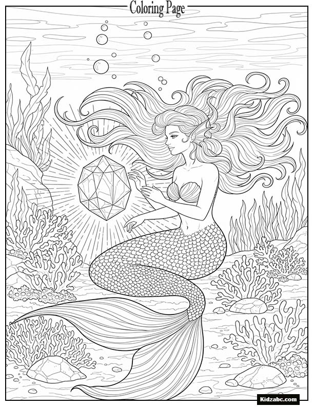 Mermaid sitting beside a glowing underwater crystal