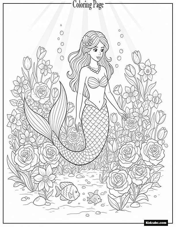 Mermaid surrounded by spring flowers