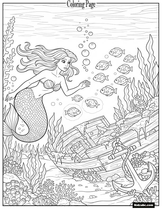 Mermaid swimming near a shipwreck