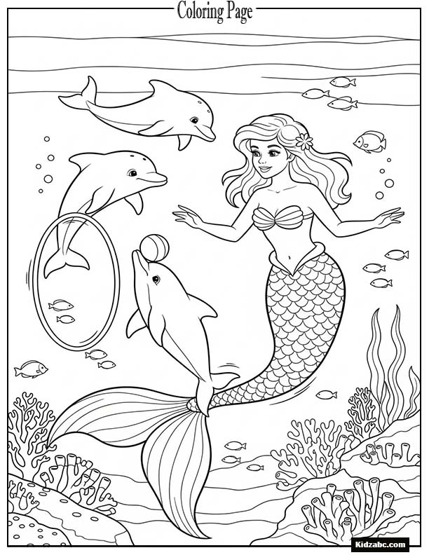 Mermaid teaching baby dolphins tricks