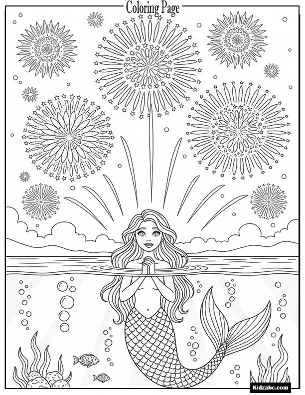 Mermaid watching fireworks above the waves