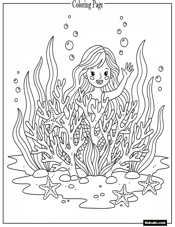 Mermaid waving from behind coral reefs with starfish