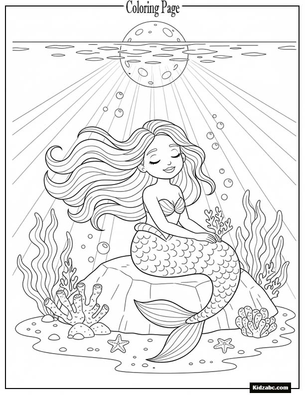 Mermaid with flowing hair relaxing under the moonlight