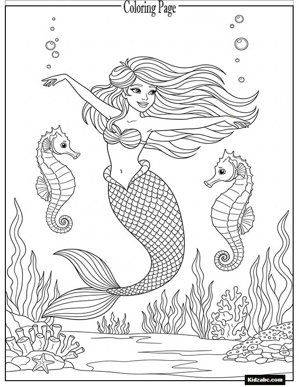 Mermaid with two sea horses dancing around her